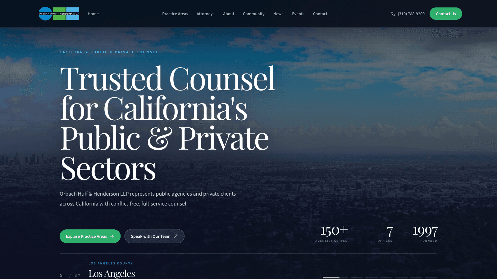Orbach Huff & Henderson home page with a dark hero over a California cityscape and trust-signal stats.