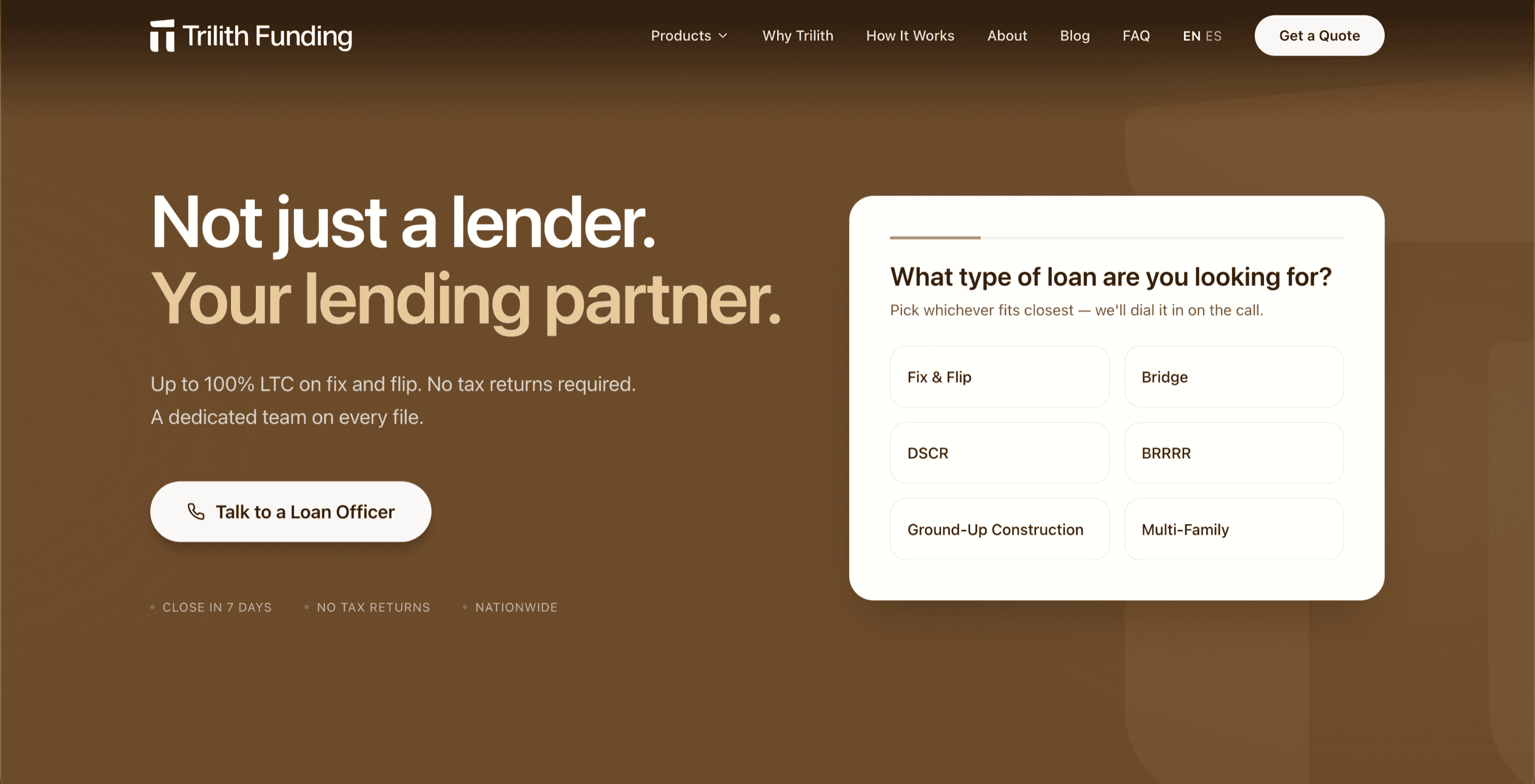 Trilith Funding home page with editorial typography and a rate-focused hero.